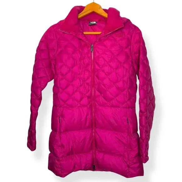 The North Face women’s hot pink Tyndall 550 Down mid-length puffer jacket Medium - Picture 1 of 16